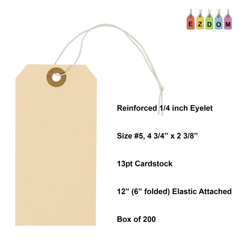 EZDOM Tags with Elastic String Attached - #5, 4 3/4" x 2 3/8" Box of 200 Manila Paper Label Tags with Elastic Loop and Reinforced Hole - Image 4